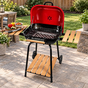 MECO Americana Swinger Wheeled Charcoal Grill w/Side Tables & Bottom Shelf, Red