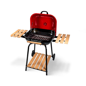 MECO Americana Swinger Wheeled Charcoal Grill w/Side Tables & Bottom Shelf, Red