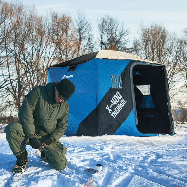 CLAM X-400 Portable 8 Ft 4 Person Pop Up Ice Fishing Thermal Hub Shelter Tent