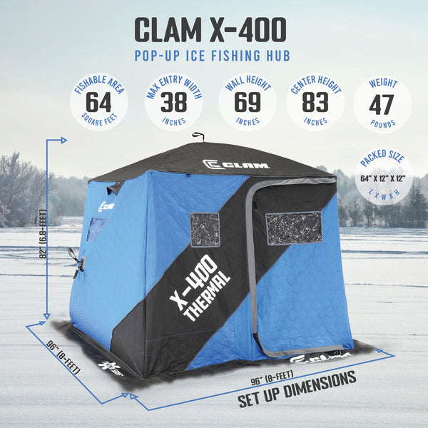 CLAM X-400 Portable 8 Ft 4 Person Pop Up Ice Fishing Thermal Hub Shelter Tent