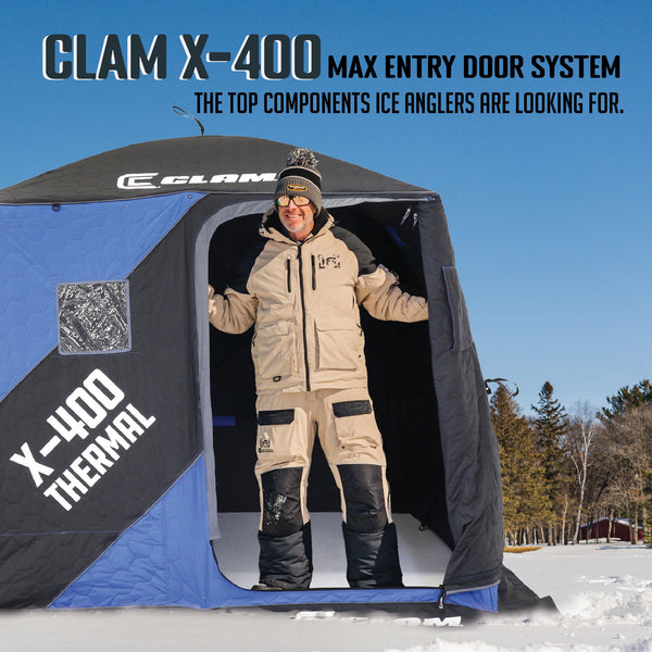 CLAM X-400 Portable 8 Ft 4 Person Pop Up Ice Fishing Thermal Hub Shelter Tent