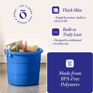 Homz 18 Gal Plastic Open Storage Round Utility Tub with Handles, Blue (3 Pack)