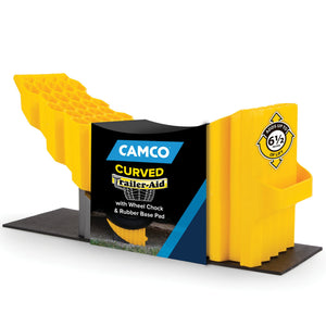 Camco Curved Trailer Aid with Chock & Pad, 6.5" Lift for Tandem Trailer, Yellow