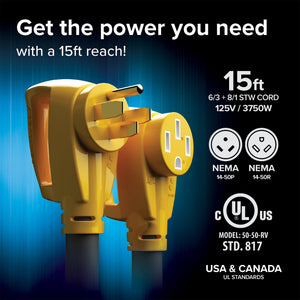 Camco 15 Foot 50 Amp Extension Cord with Power Grip Handles for RVs or Campers