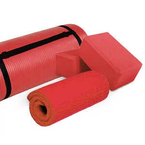 BalanceFrom Fitness 71"x24" Anti Tear Yoga Mat w/Strap, Knee Pad & Blocks, Red - TRAPSKI
