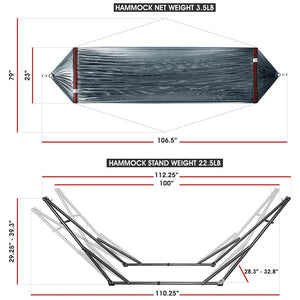 Tranquillo Universal 106.5" Double Hammock with Adjustable Stand and Bag, Gray