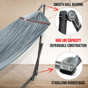 Tranquillo Universal 106.5" Double Hammock with Adjustable Stand and Bag, Gray