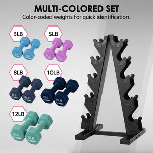 HolaHatha 3, 5, 8, 10 & 12 Pound Neoprene Dumbbell Weight Set with Storage Rack