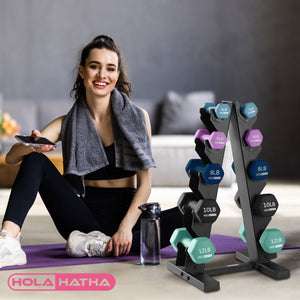 HolaHatha 3, 5, 8, 10 & 12 Pound Neoprene Dumbbell Weight Set with Storage Rack