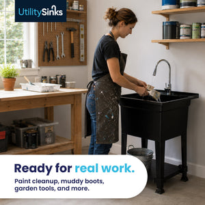 UTILITYSINKS Plastic 24" Freestanding Compact Workshop Utility Tub Sink, Black