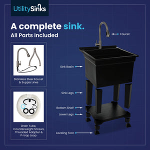 UTILITYSINKS Plastic 24" Freestanding Compact Workshop Utility Tub Sink, Black