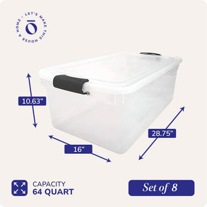Homz 64 Qt Multipurpose Stackable Storage Bin with Latching Lids, Clear (8 Pack) - TRAPSKI