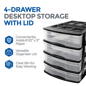 Gracious Living 4 Drawer Desktop Countertop Storage with Organizer Lid, Black