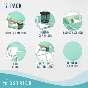 Ostrich Deluxe Padded 3-N-1 Outdoor Folding Reclining Beach Chair, Teal (2 Pack)