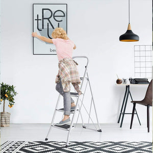 Delxo Alloy Steel Folding 4 Step Stool Portable Ladder with Hand Grip, White