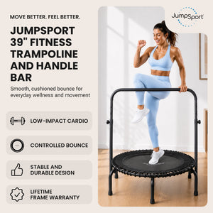 JumpSport 350i 39" Fitness Trampoline and Handle Bar with 30 Adjustable Bungees