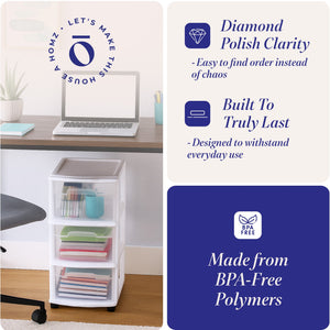 Homz Plastic 3 Drawer Medium Storage Container Tower, Clear Drawers/White Frame