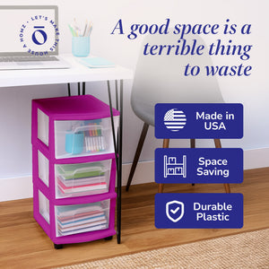 Homz Plastic 3 Drawer Medium Storage Container Tower, Clear Drawers/Purple Frame