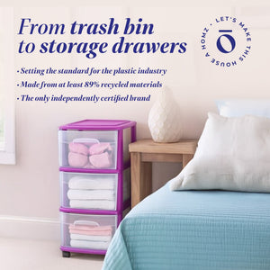 Homz Plastic 3 Drawer Medium Storage Container Tower, Clear Drawers/Purple Frame