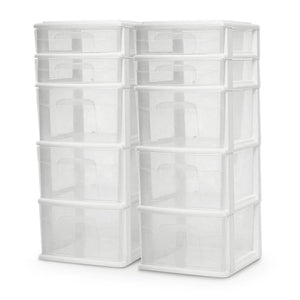 Homz Clear Plastic 5 Drawer Home Storage Container Tower, White Frame (2 Pack)