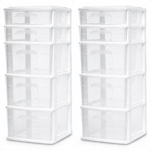 Homz Clear Plastic 5 Drawer Home Storage Container Tower, White Frame (2 Pack)