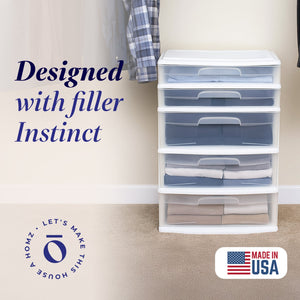 Homz Plastic 5 Drawer Storage Container Tower with Clear Drawers/White Frame