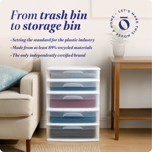 Homz Plastic 5 Drawer Storage Container Tower with Clear Drawers/White Frame