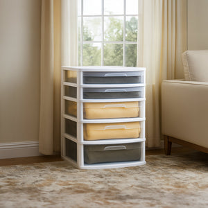 Homz Plastic 5 Drawer Storage Container Tower with Clear Drawers/White Frame