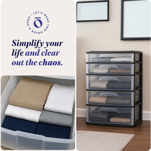 Homz Plastic 5 Drawer Storage Container Tower with Clear Drawers/Black Frame