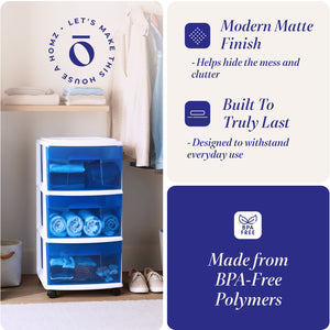 Homz Plastic 3 Drawer Medium Storage Container Tower, Blue Drawers/White Frame