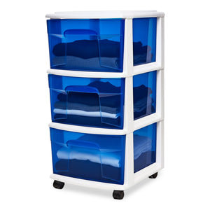 Homz Plastic 3 Drawer Medium Storage Container Tower, Blue Drawers/White Frame