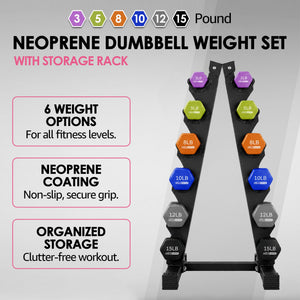 HolaHatha 3, 5, 8, 10, 12 & 15 Pound Neoprene Hex Dumbbell Weight & Storage Rack