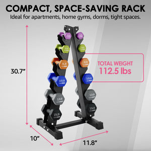 HolaHatha 3, 5, 8, 10, 12 & 15 Pound Neoprene Hex Dumbbell Weight & Storage Rack