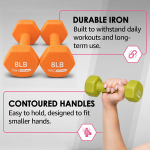 HolaHatha 3, 5, 8, 10, 12 & 15 Pound Neoprene Hex Dumbbell Weight & Storage Rack