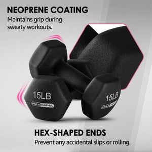 HolaHatha 3, 5, 8, 10, 12 & 15 Pound Neoprene Hex Dumbbell Weight & Storage Rack