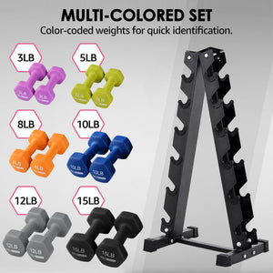 HolaHatha 3, 5, 8, 10, 12 & 15 Pound Neoprene Hex Dumbbell Weight & Storage Rack