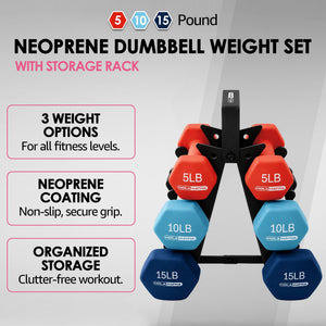 HolaHatha 5, 10, and 15 Pound Neoprene Dumbbell Weight Set with Storage Rack