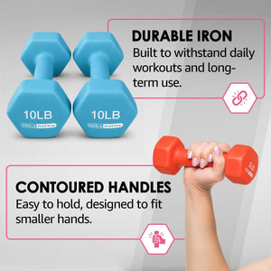 HolaHatha 5, 10, and 15 Pound Neoprene Dumbbell Weight Set with Storage Rack
