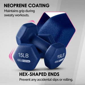 HolaHatha 5, 10, and 15 Pound Neoprene Dumbbell Weight Set with Storage Rack