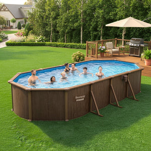 Bestway Hydrium 24'x12'x52" Oval Above Ground Swimming Pool Set, Brown Woodgrain - TRAPSKI