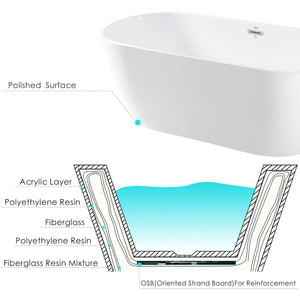 FerdY Bali 67 In Glossy Acrylic Freestanding Bathtub with Polished Chrome Drain