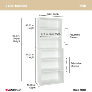 ClosetMaid 6 Tier Bookshelf with Adjustable Shelves and Closed Back Panel, White