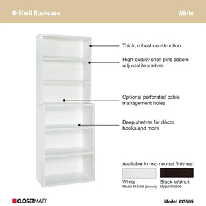 ClosetMaid 6 Tier Bookshelf with Adjustable Shelves and Closed Back Panel, White