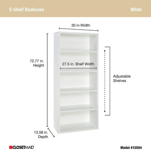 ClosetMaid 5 Tier Bookshelf with Adjustable Shelves and Closed Back Panel, White