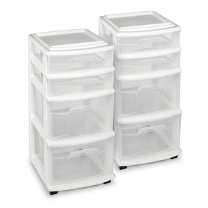 Homz Clear Plastic 4 Drawer Medium Storage Container Tower, White Frame (2 Pack)