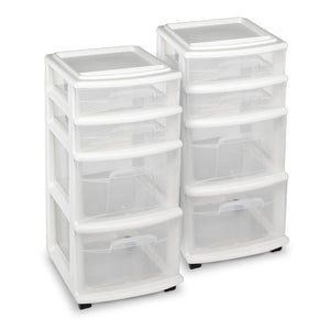 Homz Clear Plastic 4 Drawer Medium Storage Container Tower, White Frame (2 Pack)