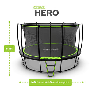 JumpFlex HERO 14' Trampoline for Kids Outdoor Play Equipment with Net & Ladder