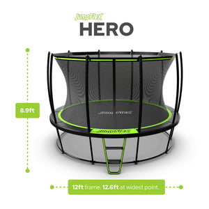 JumpFlex HERO 12' Trampoline for Kids Outdoor Play Equipment with Net & Ladder