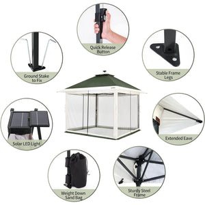 Suntime 12x12 Instant Pop Up Gazebo Solar Light Screen Canopy Tent Cover, Green