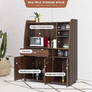 JOMEED Kitchen Pantry Microwave Storage Cabinet with Wheels, Drawer, and Shelves